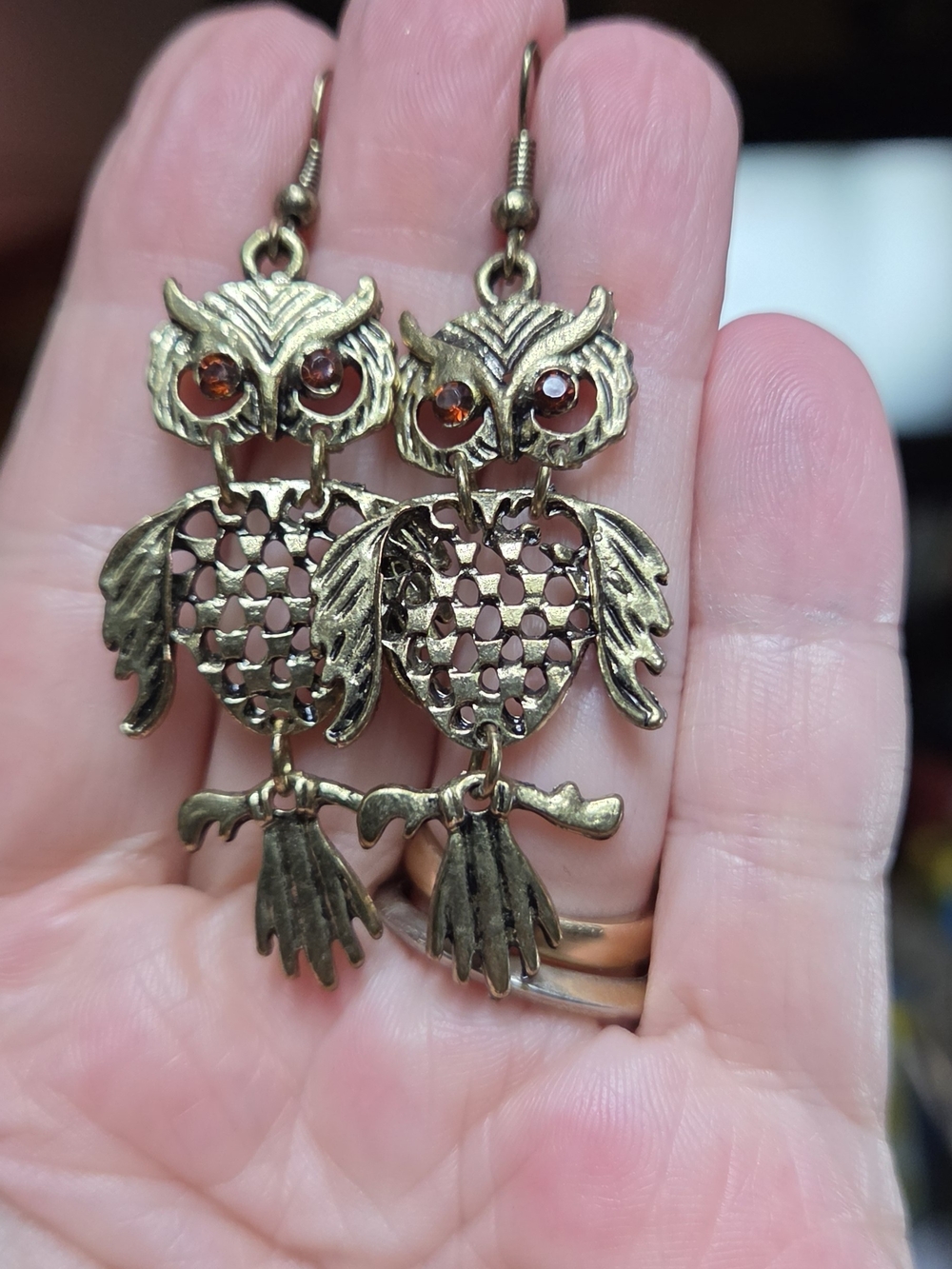 Bronze Owl Collectible Costume Dangle Earrings with Amber Eyes